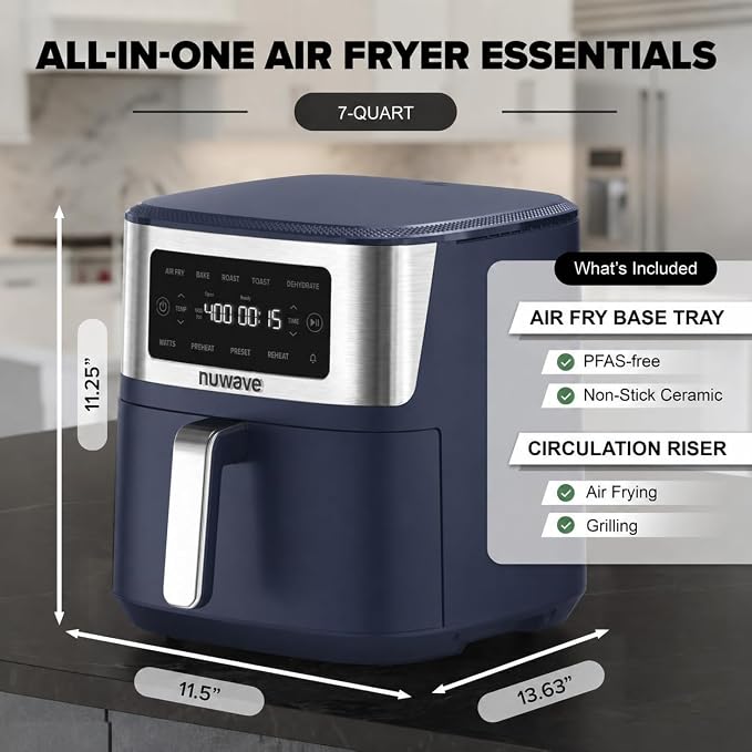 Nuwave Brio Plus 7QT Air Fryer, Extra Crispy Results w/Less Oil, PFAS-Free | Non Toxic, Odor-Free, More Even, 100 One-Touch Presets, 6-in-1: Air Fry, Bake, Roast, Toast, Dehydrate & Reheat, 50°F–400°F
