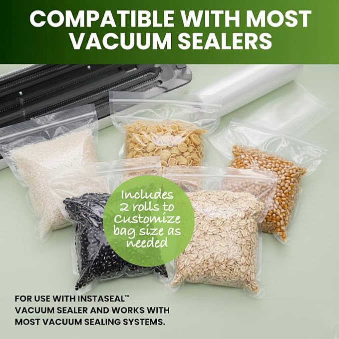 InstaSeal Vacuum Seal Bags for Food, 36 8 in x 10 in Pre-Cut Bags and 5 Rolls, Four 11 in x 16 ft Rolls and One 8 in x 20 ft Roll for Freezer Storage and Sous Vide Cooking