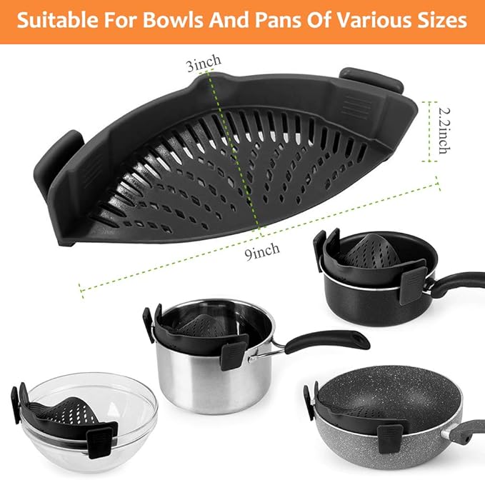 YEVIOR Clip on Strainer for Pots Pan Pasta,Silicone Food Pan Strainer | Food-grade BPA-free,Kitchen Food Strainer for Spaghetti, Pasta,Vegetable Fruits Fits All Bowls and Pots (Black)