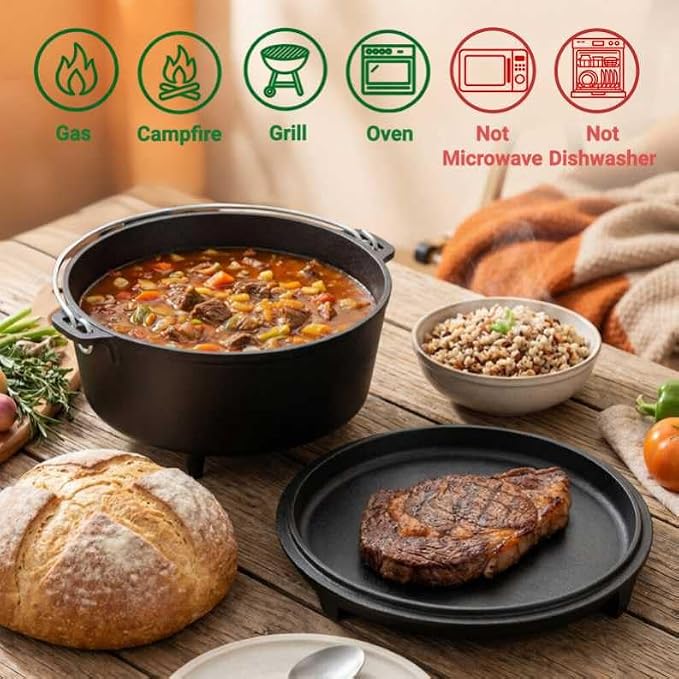 6.3qt Cast Iron Camping Dutch Oven,with 12inch Skillet Lid Outdoor Dutch Oven,Includes Claw Foot kazan for Baking,Braising,Campfire Cooking