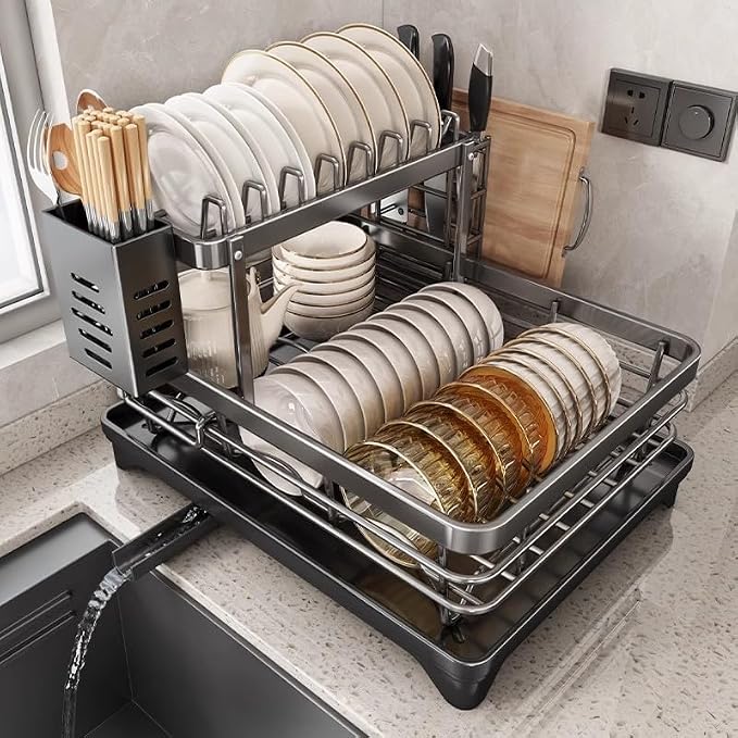 2-Tier 304 Stainless Steel Dish Drying Rack for Kitchen Counter, Gray | Dish rack separates plates, bowls, cups and utensils, while side drainage directs water toward the sink.