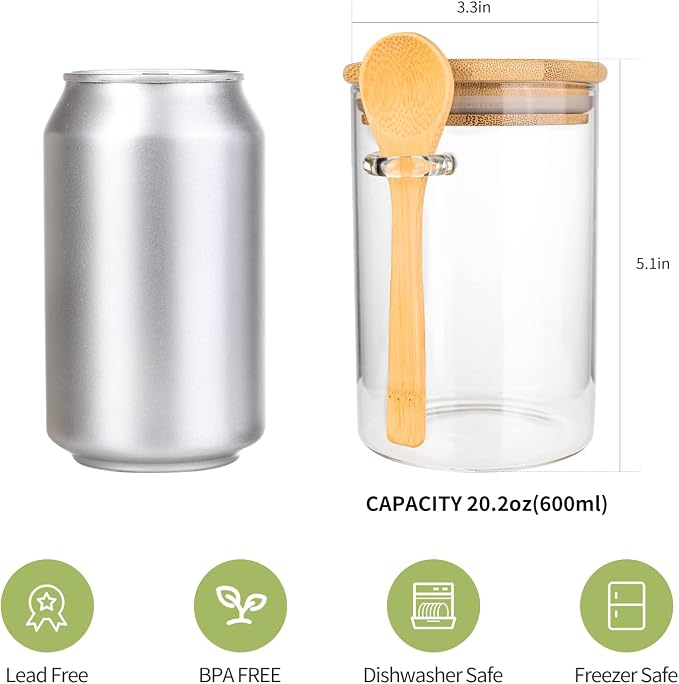 Airtight Food Storage Containers, Glass Canister With Wooden Spoon and Lids, 20 Oz Jars for Serving Bath Salt, Sugar, Spice, Coffee, Tea, Cereals, Condiment (2 Set)