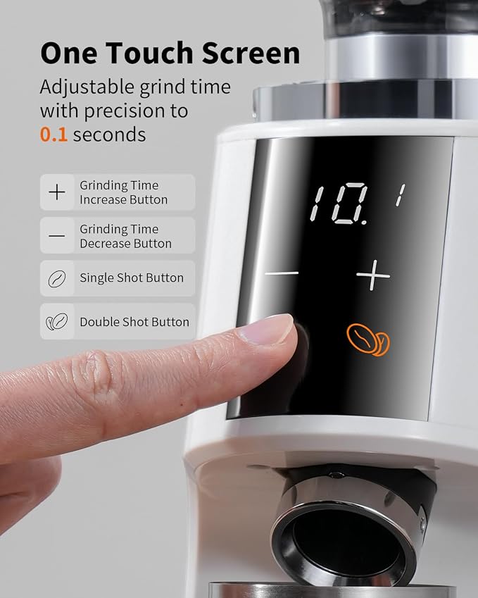 SHARDOR 64mm Flat Burr Coffee Grinder, 100 Settings, Anti-Static, White | Electric Bean Grinding, All-Metal Chamber, Portafilter Holder,Precision Timer, LED Display, 260W, Silicone Bellows, 120V Only