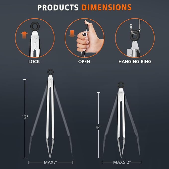 Hotec Stainless Steel Kitchen Tongs, Locking Metal Food Tongs for Cooking, Serving, BBQ, Grill & Air Fryer with Non-Slip Grip, Set of 2-9" and 12"