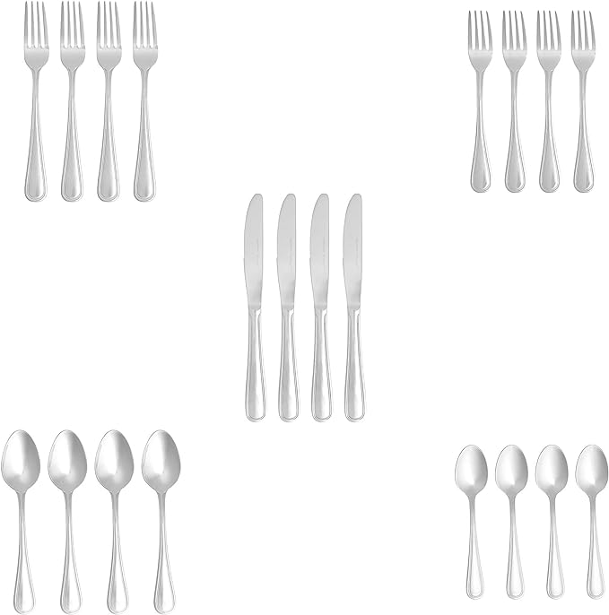Amazon Basics Silverware Set, Stainless Steel Flatware, Dishwasher Safe, Service for 4, 20-Piece Forks and Spoons, Crown Edge, Everyday Use (Pack of 2)