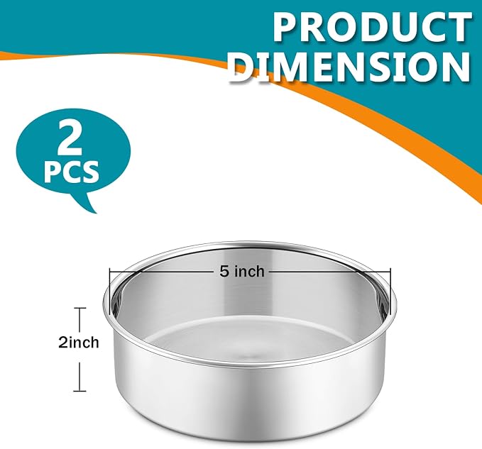 P&P CHEF 5 Inch Cake Pan Set of 2, Stainless Steel Round Baking Cake Pans | For Baking Serving, Non Toxic & Healthy, Leak-proof & Easy Clean, Mirror Finish & Easy Releasing, Oven & Dishwasher Safe