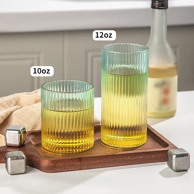 Ribbed Drinking Glasses 8pcs, 12oz and 10oz Glassware, Tumbler Glasses Cup Set for Wedding, Party, Christmas Gift, Golden Green