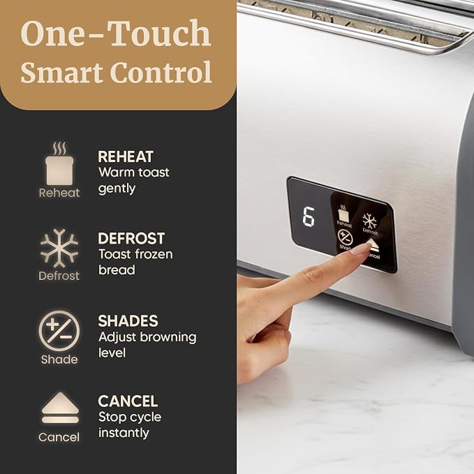 Elite Gourmet Digital 4-Slice Long Slot Toaster, Stainless Steel | Touch Screen LED Display, 6 Browning Levels, Defrost/Reheat, Extra-Wide 1.5" Slots Fit Artisan & Bagel Bread - Modern Design