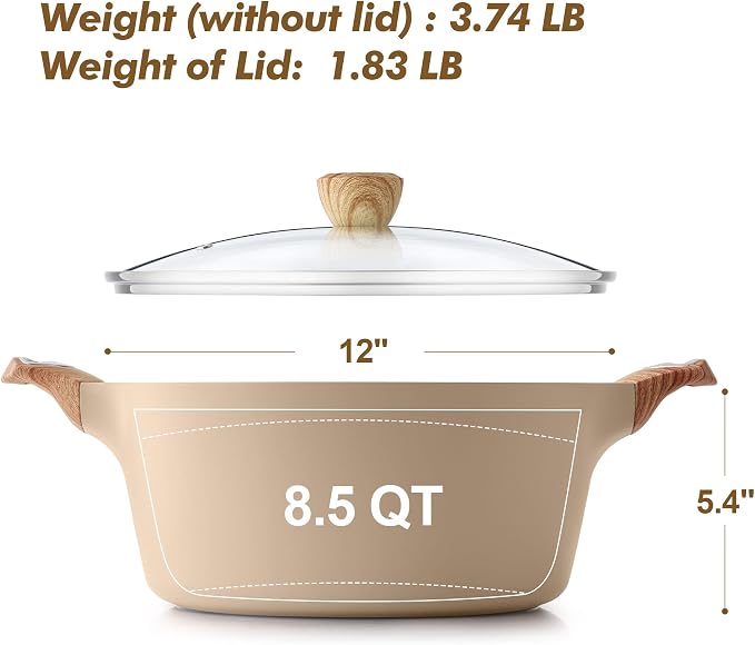 SENSARTE Ceramic Nonstick Stock Pot with Lid, 2.6/4.5/6.6/8.5/11 QT Soup Pot Casserole Pot, Non-toxic Healthy Pasta Pot, Large Cooking Pot Stew Pot, Induction Compatible, PFOA PFAS PTFE Free, Taupe
