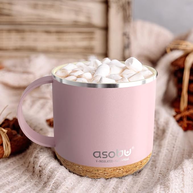 asobu Infinite Stainless Steel Insulated Coffee Mug with Inner Ceramic Coating and Cork Coaster 16 Ounce (Powdered Pink)