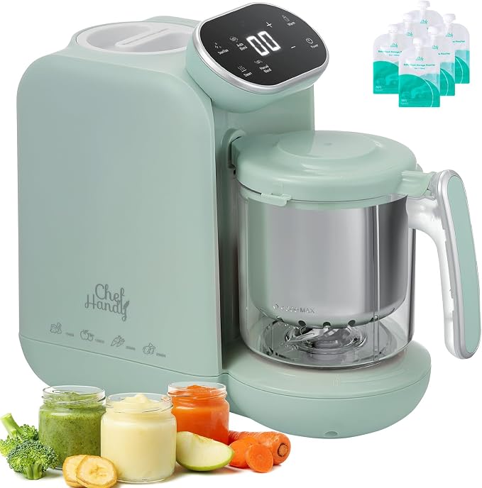 Chefhandy 5-in-1 Baby Food Maker with Stainless Steel Steam Basket, Green | One-step baby food processor with BPA-free food-contact parts, 6 reusable pouches, and recipe guide for homemade baby meals.