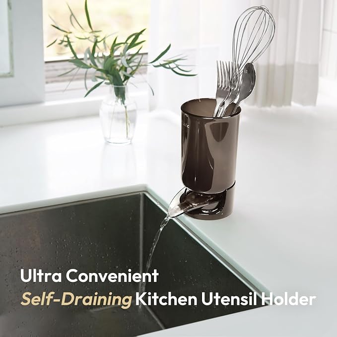 Self-Draining Utensil Drying Holder - Taupe Brown | Small Utensil Cutlery Flatware Silverware Holder Drainer Cup for Kitchen Counter
