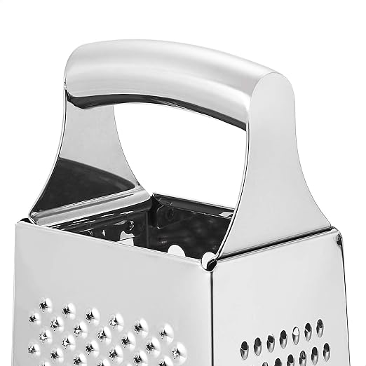 Amazon Basics Rectangular 4-Sided Box Cheese Grater and Shredder, Stainless Steel, Handheld, for Vegetables, Zester, Non-Slip Base, Dishwasher-Safe, 9 inch, Black