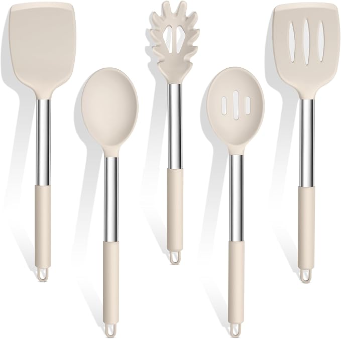 TeamFar Cooking Utensils Set, 5 PCS Silicone Kitchen Utensils, Khaki | Stainless Steel Handle for Nonstick Cookware Turning Flipping Frying Draining, Heatproof & Healthy, Nonstick & Easy Clean