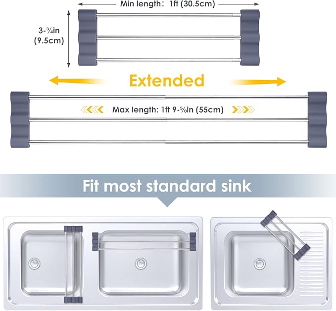 Tomorotec Adjustable Over-The-Sink Kitchen Rack, BPA-Free, Deep Gray | Holds 16.5 Lbs; For Dishcloths, Sponges, and Brushes - Heat-Resistant Stainless Steel with Slim, Expandable Design