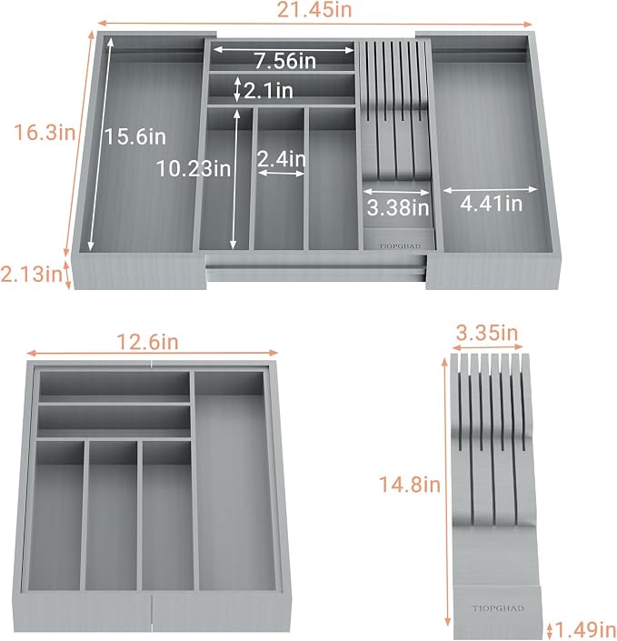 Expandable Bamboo Silverware Drawer Organizer Kitchen Tray, Grey | Removable Knife Block, Holds 7 Knives, Adjustable Dividers, 12.6-21.45 x 16.3 x 2.13 in, Drawer Insert for Utensils, Forks