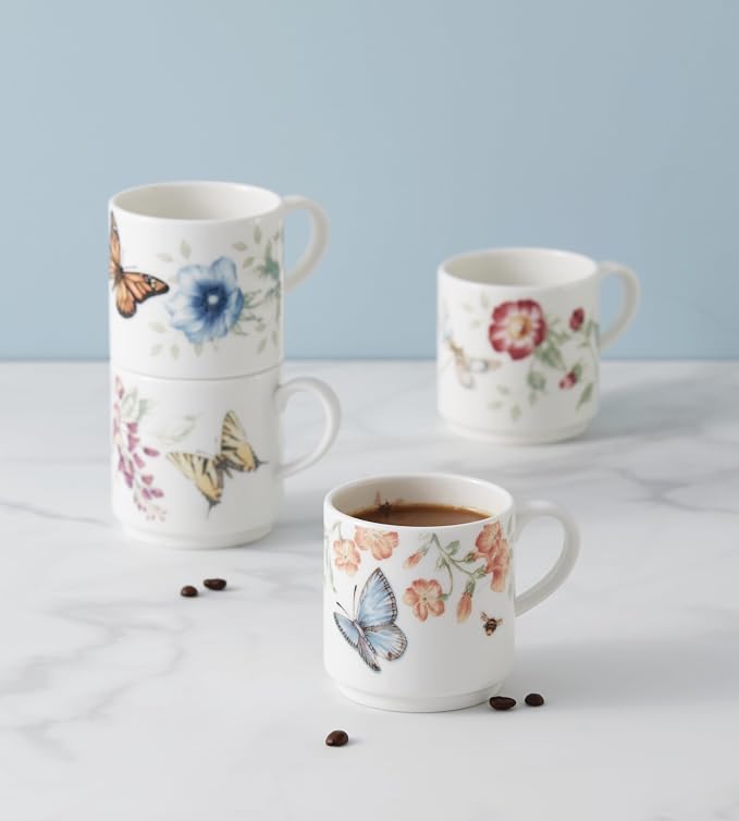 Lenox 890451 Butterfly Meadow 4-Piece Stacking Mug Set | dishwasher safe, microwave safe | space-saving stackable design | coffee mug gift for coffee lovers | 10oz