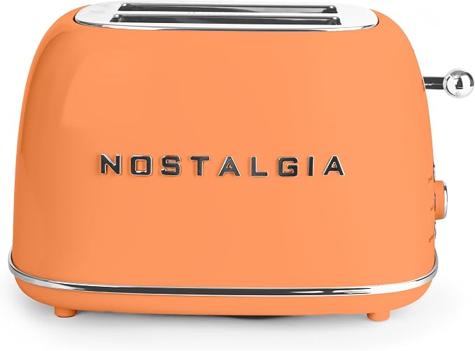 Nostalgia Classic Retro 2-Slice Toaster- Vintage Design- Enamel Coated Steel Body- Wide Slots for all Breads- Crumb Tray, Cord Storage- Defrost,Cancel and Bagel Function & 6 Toasting Levels- Orange