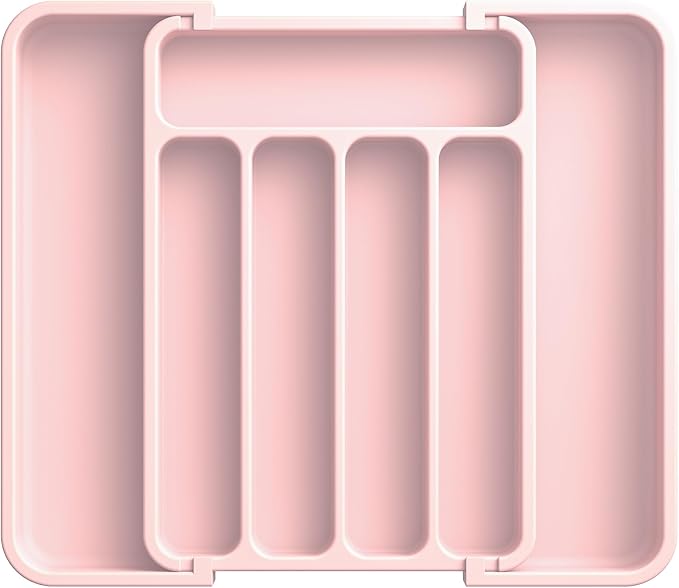 Aujen Silverware Drawer Organizer, Adjustable Utensil Cutlery Tray | Expandable Kitchen Organizer for Forks Knives, Multipurpose Kitchen Storage, Apartment Essentials, Pink, Medium