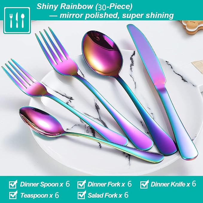 30 Pcs Rainbow Silverware Set for 6, Food Grade Stainless Steel Flatware Set, Eating Utensils Sets Include Fork/Knife/Spoon,Home Kitchen Tableware Set, Reusable Cutlery Set, Dishwasher Safe