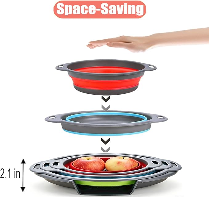 Collapsible Colanders Food Strainers, 3-Pack Foldable Kitchen Strainers with Over-Sink Water Draining Tray, Space Saving Kitchen Drainer for Vegetables, Fruit, Pasta and Rice (Blue-Red-Green-Gray)