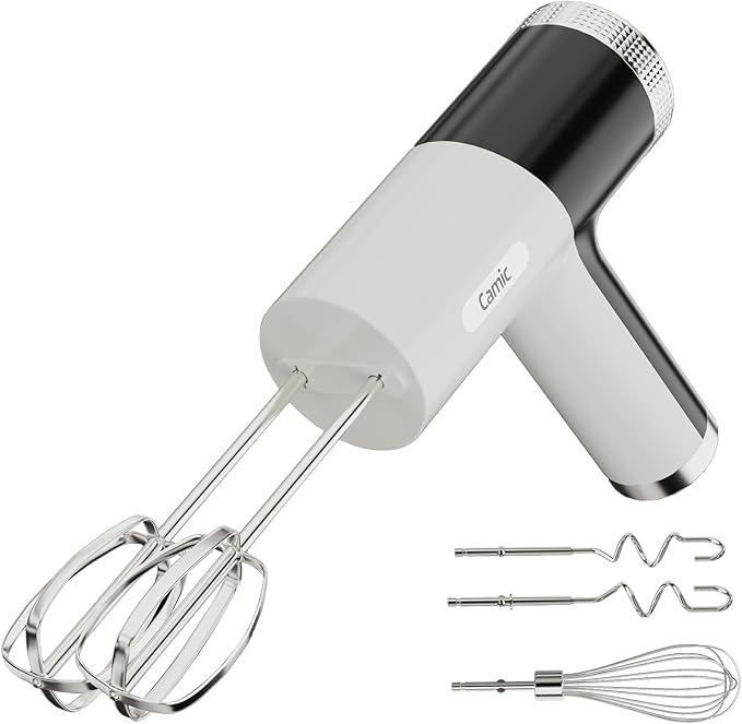 Camic Electric Hand Mixer with 9 Speeds, Powerful Motor, Cordless Hand Mixer with Whisk, Dough Hook and Mixing Rod for Whipping Eggs, Cream, Butter, Jam, Kneading Dough and Blending (White+Black)