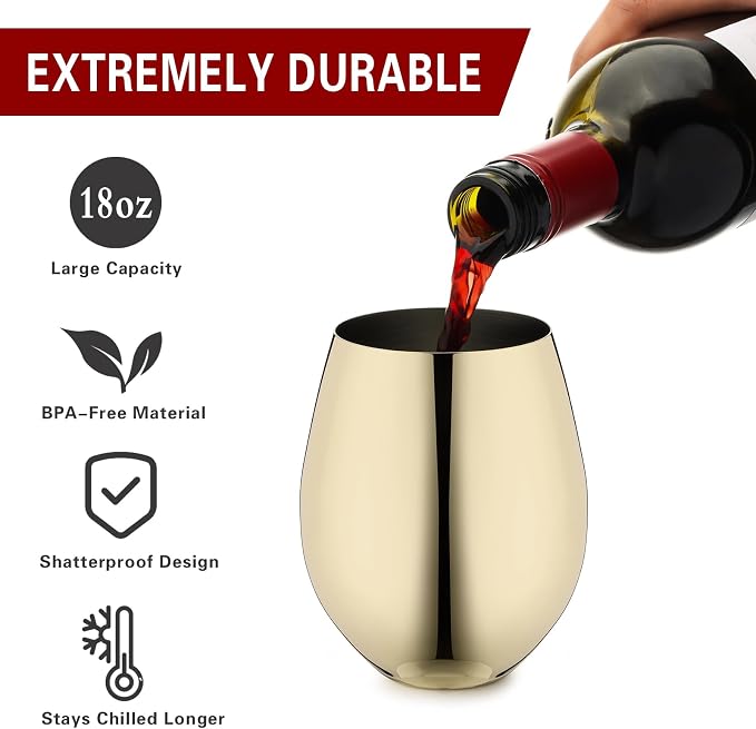 WOTOR Gold Wine Glasses Set of 4, 18oz Unbreakable Gold Goblet, Stemless Stainless Steel Wine Glass, Metal Wine Glass for Outdoor, Travel, Camping, Pool, Ideal Gift for Wine Lovers (Pack of 2)