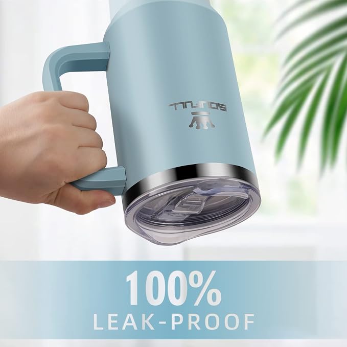 Soufull 40 oz Tumbler with Handle and Straw Lid, 100% Leak-proof, SkyBlue | Stainless Steel Insulated Travel Coffee Cup, Keeps Cold 34Hrs or Hot 10Hrs, Dishwasher Safe