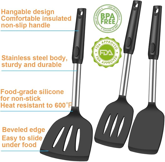 KLAQQED Spatula Set Silicone Heat Resistant for Nonstick Cookware Rubber Silicone Spatula Turner Fish, Large Nonstick Plastic Egg Wok Spatula for kitchen use Cooking Utensils Set