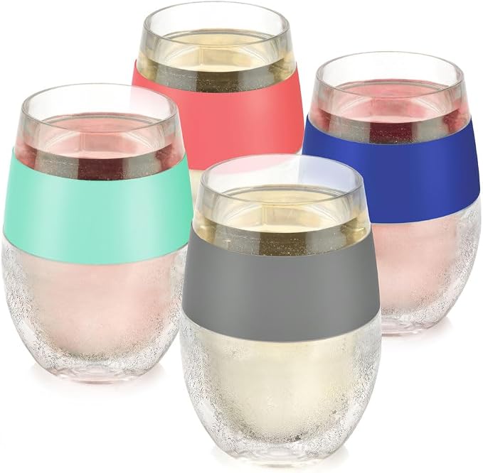 Host Freeze Plastic Wine Glasses for Red and White Wines, Gifts for Mom, Gifts for Women, Double Wall Insulated Wine Cooling Cups, Freezable Drink Chilling Tumblers, 8.5 oz, Set of 4, Assorted Colors