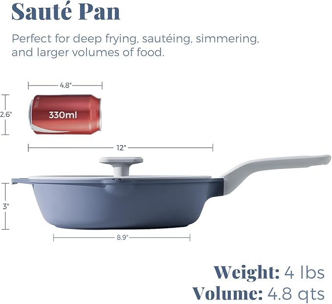 PRICUSIS Ceramic Nonstick Deep Saute Pan with Lid, 10/12 Inch Non Toxic Pans with Double Pour Spout, Helper Handle and Lid, Metal Utennsil Safe, Dishwasher Safe, (12 Inch, Gray)
