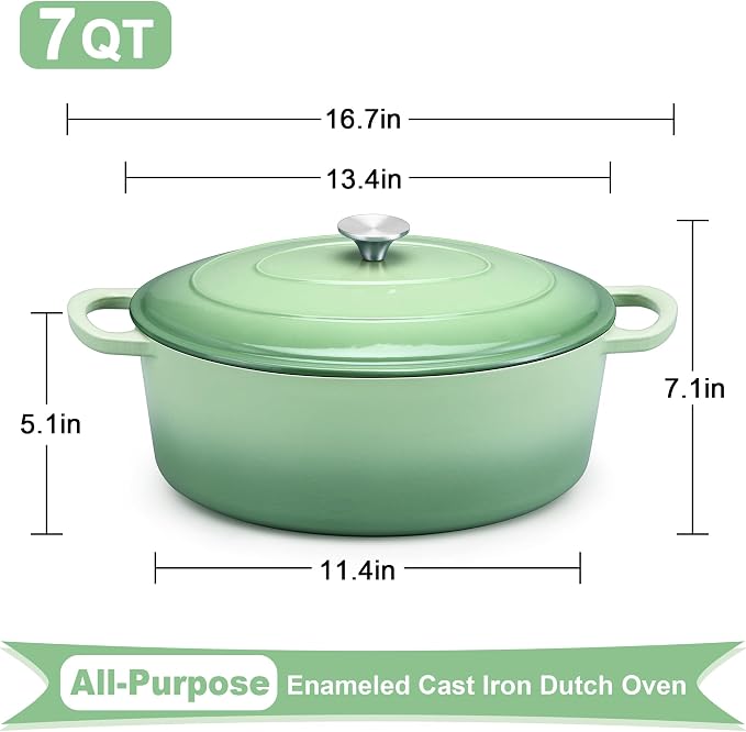E-far 7QT Oval Dutch Oven Pot with Lid, Green Enameled Cast Iron Dutch Oven | with Dual Handles for Homemade Sourdough Bread Baking Cooking, Nonstick Enamel Coated Cookware, Non-Toxic & Easy Clean