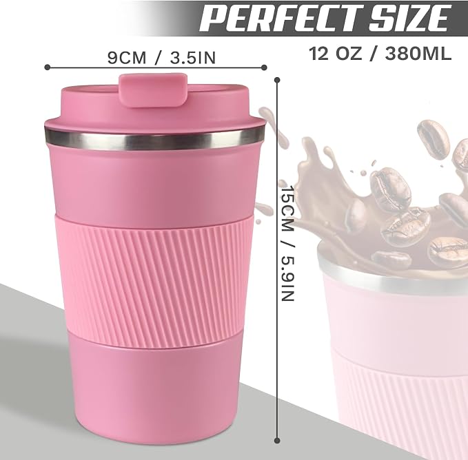 Stainless Steel Travel Coffee Mug with Lid, Vacuum Insulated Leak Proof Cup | Double wall vacuum insulation keeps drinks hot or cold for hours. Leak proof lid and non-slip grip for travel, office and car