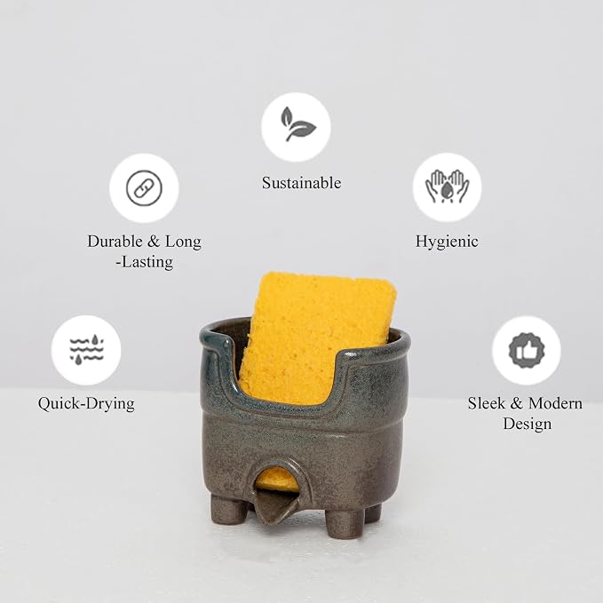 Ceramic Sponge Holder with Drainage，Farmhouse Sink Caddy | Self Draining Organizer for Sponges, Soap, Brushes. Compact Rustic Kitchen Accessory Keeps Counter Dry & Tidy. Country Blue