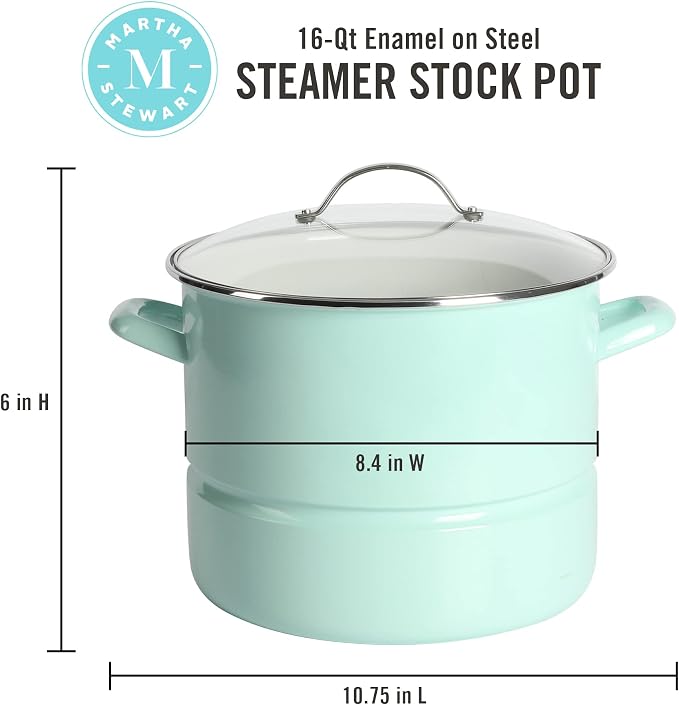 Martha Stewart Thayer 16-Quart Enamel On Steel Scratch Resistant Steamer Stock Pot w/Stainless Steel Insert - Martha Blue