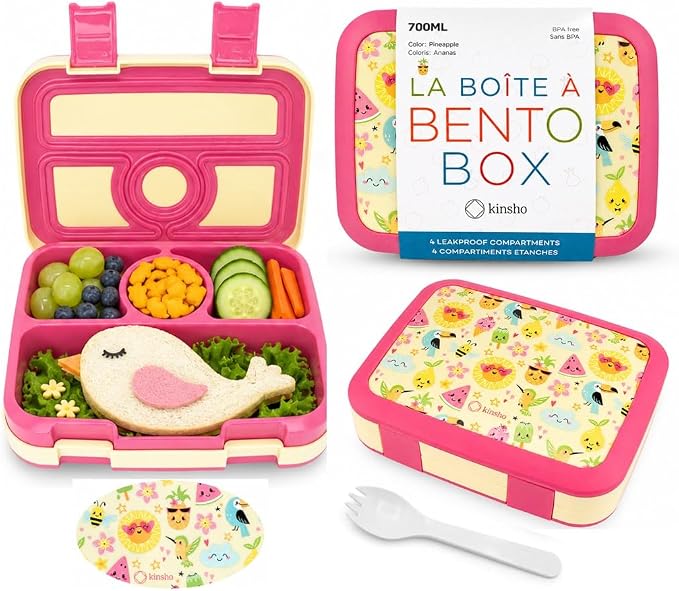 kinsho Bento Lunch Box for Kids Toddlers Girls, 4 Portion Sections Secure Lid, Microwave Safe BPA Free Removable Tray, Pre-School Kid Daycare Lunches Snack Container Ages 3 to 5, Cute Summer