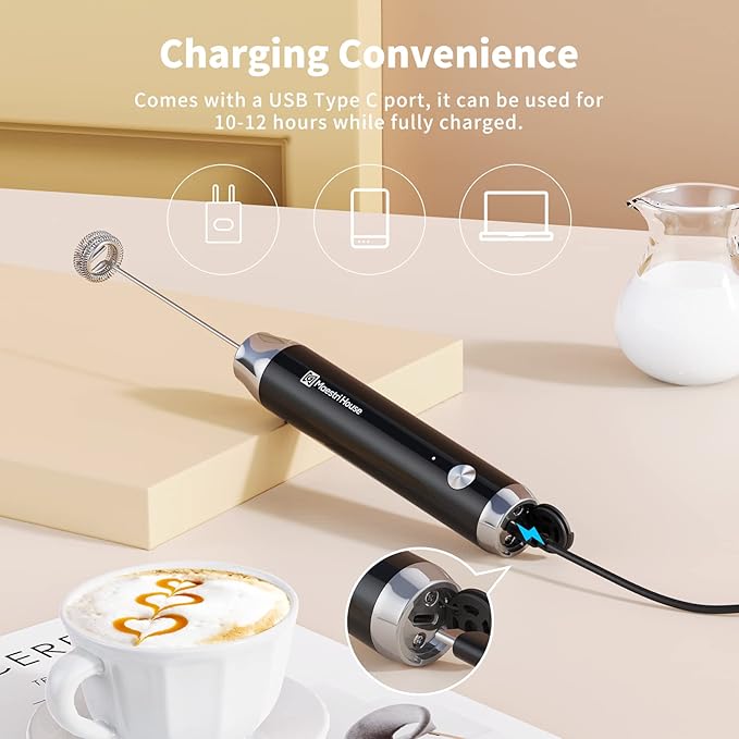 Maestri House Rechargeable Milk Frother,Stand & 3 Detachable Whisks | Lunafro Plus 8000RPM Turbo Motor, 1200mAh lithium battery, Handheld Milk Frother for, Cappuccino, Matcha & Protein Powder