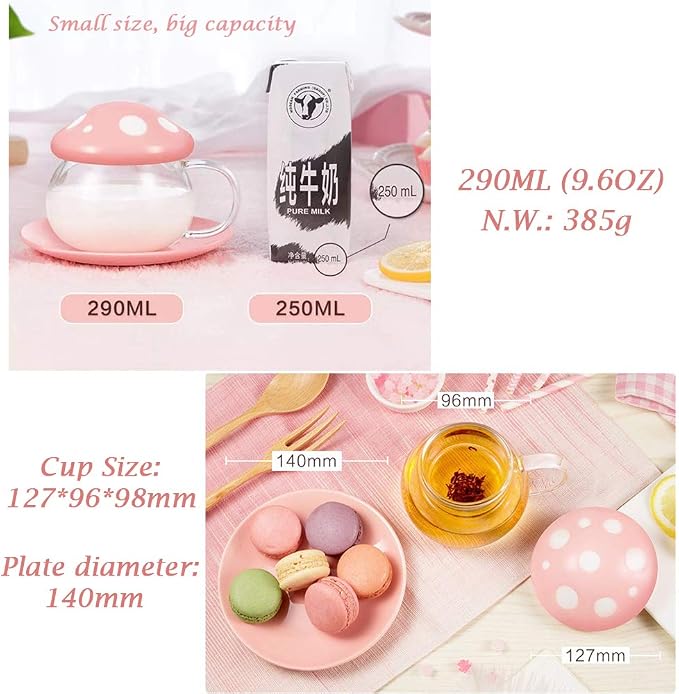 Mushroom Tea Cup Set, Cute Glass Tea Cups and Saucers, Kawaii Teacup with Infuser for Loose Leaf Tea Steeper, Coffee Mugs Birthday Gifts for Women, Tea Infuser Mug with Lid for Mother Girls (Orange)