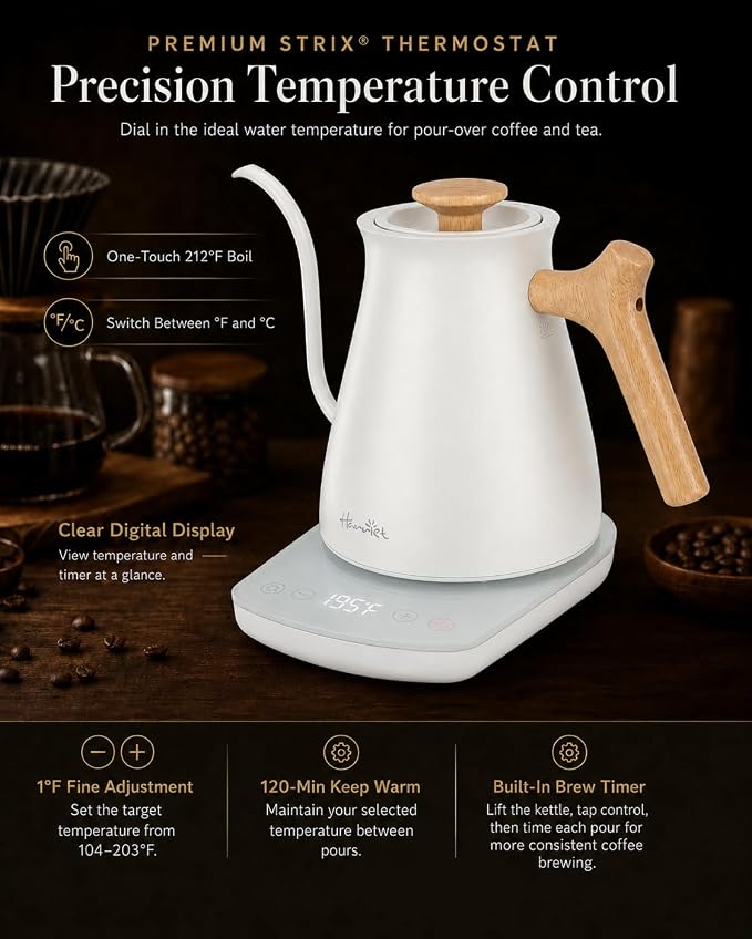 Harriet Gooseneck Electric Kettle, 0.8L, 1°F Control, Brew Timer | 120-Min Keep Warm, 104–203°F Control, Built-In Brew Timer, SUS304 Stainless Steel, Wood-Accent Handle for Pour-Over Coffee