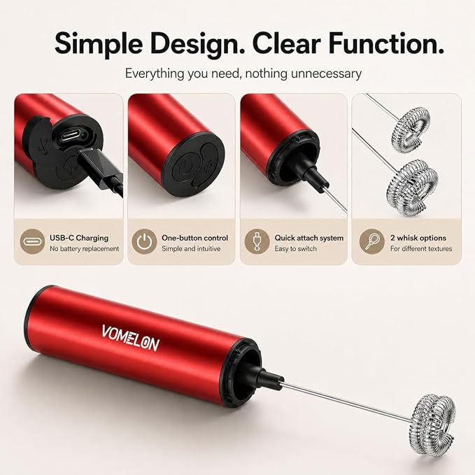Milk Frother, Rechargeable Battery Operated Frother for Coffee,Portable Drink Mixer with 2 Stainless Steel Whisk Heads,Milk Foamer for Keto Coffee, Latte, Cappuccino, Hot Chocolate,Rube Red