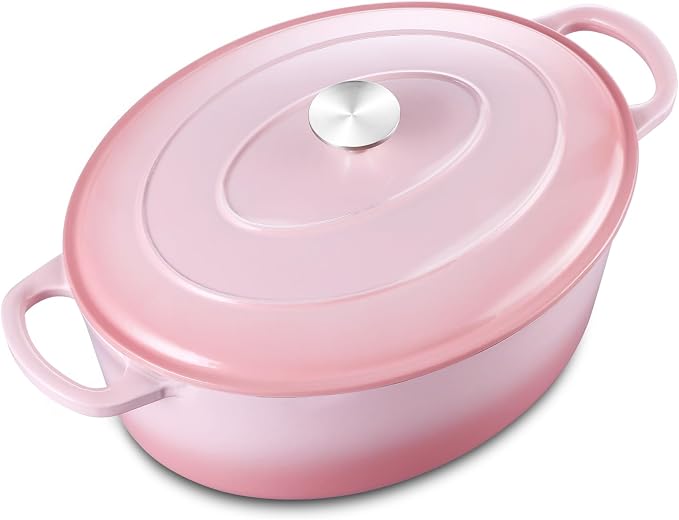 5QT Oval Dutch Oven Pot with Lid, Leonyo 5 Quart Enameled Oval Cast Iron Dutch Oven for Sourdough Bread Breaking, Heavy Duty Cookware for Braising, Stews, Roasting, Pink