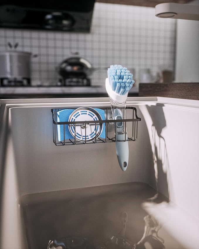 Consumest Sponge Holder Sink Caddy - Ladder Shaped Sponge Holder for Kitchen Sink with 2 Installation Ways (Suction Cups & Adhesive Hook), Rustproof Stainless Steel Kitchen Organizer, Black