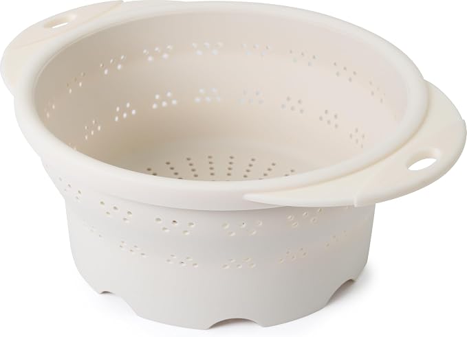 Dexas 10" Collapsible Silicone Colander in Cream, Kitchen Strainer with Handles, 15.1 Cup Capacity | BPA-Free, Heat-Resistant, Space-Saving Kitchen Tool