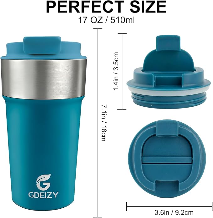 17oz Insulated Travel Coffee Mug, Stainless Steel Cup with Leakproof Lid | 304 Double Wall Vacuum Steel, Long Heat & Cold Retention, 360° Leakproof, BPA-Free Reusable Tumbler, Fits Car Cup Holders