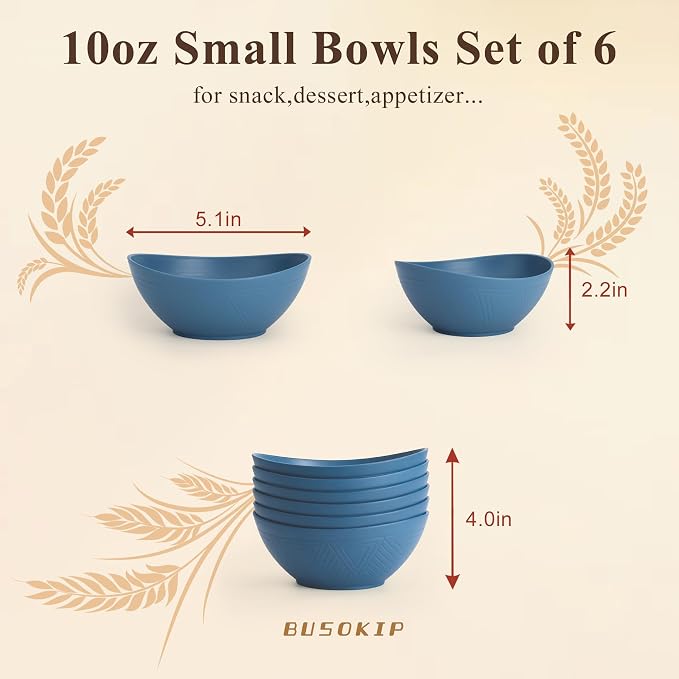 Snack Bowls Set of 6, Unbreakable Wheat Straw Bowls10oz, Small Prep Bowls for Ice Cream, Dessert, Yogurt, Salsa, Microwave & Dishwasher Safe Mini Serving Bowls for RV, Dorm - Blue