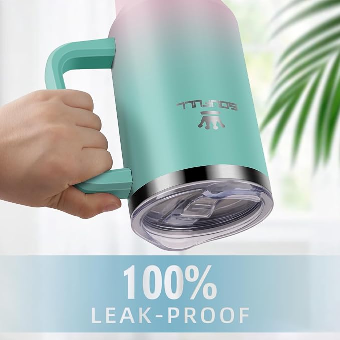Soufull 40 oz Tumbler with Handle and Straw Lid, 100% Leak-proof, GreenPink | Stainless Steel Insulated Travel Coffee Cup, Keeps Cold 34Hrs or Hot 10Hrs, Dishwasher Safe