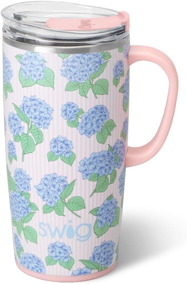 Swig Life 22oz Insulated Travel Mug with Handle & Lid, Hydrangeas | Triple Insulated Stainless Steel - Handle & Lid Included - Keeps Coffee Hot or Cold - Cup Holder Friendly