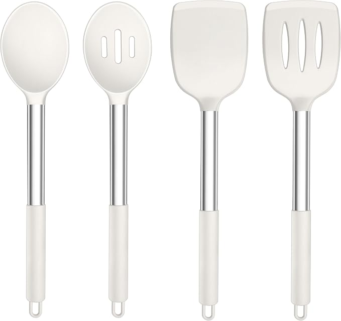TeamFar Kitchen Utensils, 4 PCS Silicone Cooking Utensils Spatula Spoon Set | with Stainless Steel Handle, for Frying Mixing Draining Turning, Healthy & Heat-proof, Non-stick & Dishwasher Safe - White
