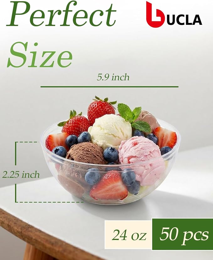 bUCLA 50 Pack Clear Plastic Serving Bowls - 24oz Disposable Salads, Cereal, Fruit, Dessert & Soup Bowls for Wedding & Party