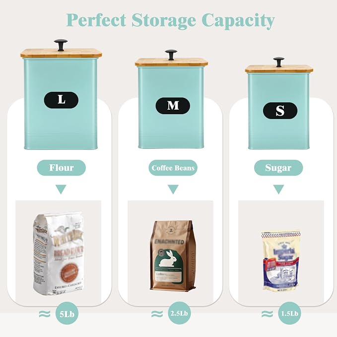 Kitchen Canisters Set of 3, Metal Flour Sugar Storage Containers with Airtight Lids-Canisters Sets for Kitchen with Customizable Chalkboard Labels & Marker Pen-Spice, Coffee Storage Jars(Blue)